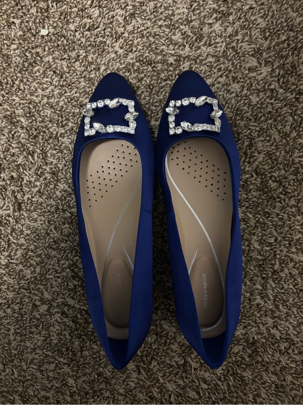 Women's Royal Blue Satin Pointed Toe Flats with Rhinestone Buckle - Picture 2 of 4